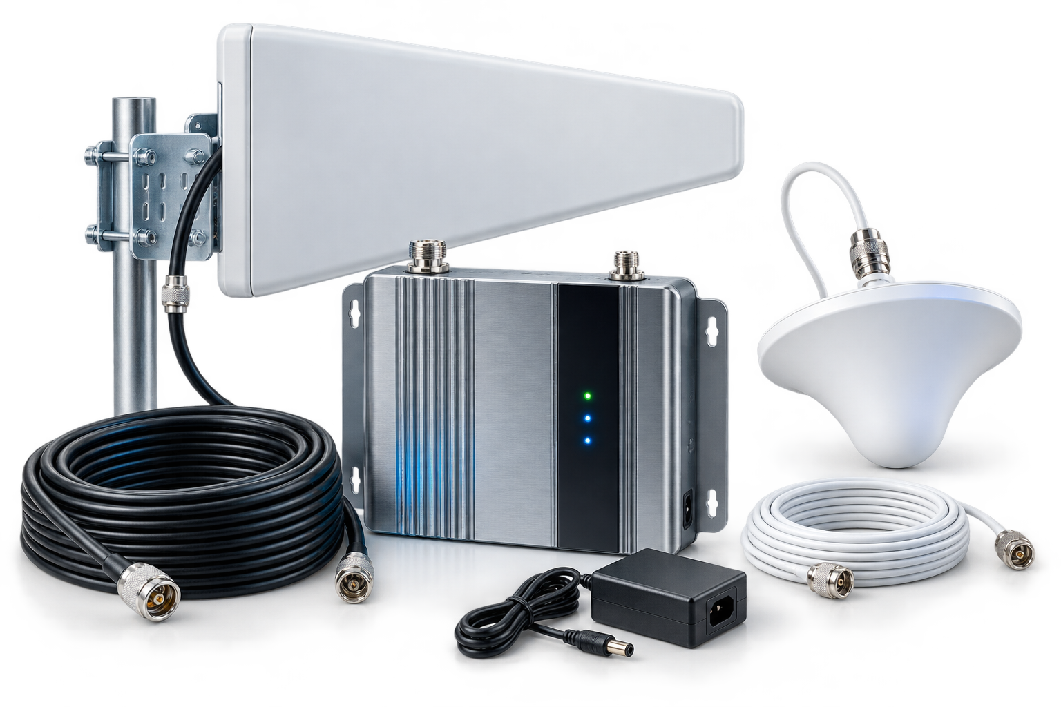 Mobile network signal booster with outdoor antenna, indoor dome antenna and cable kit